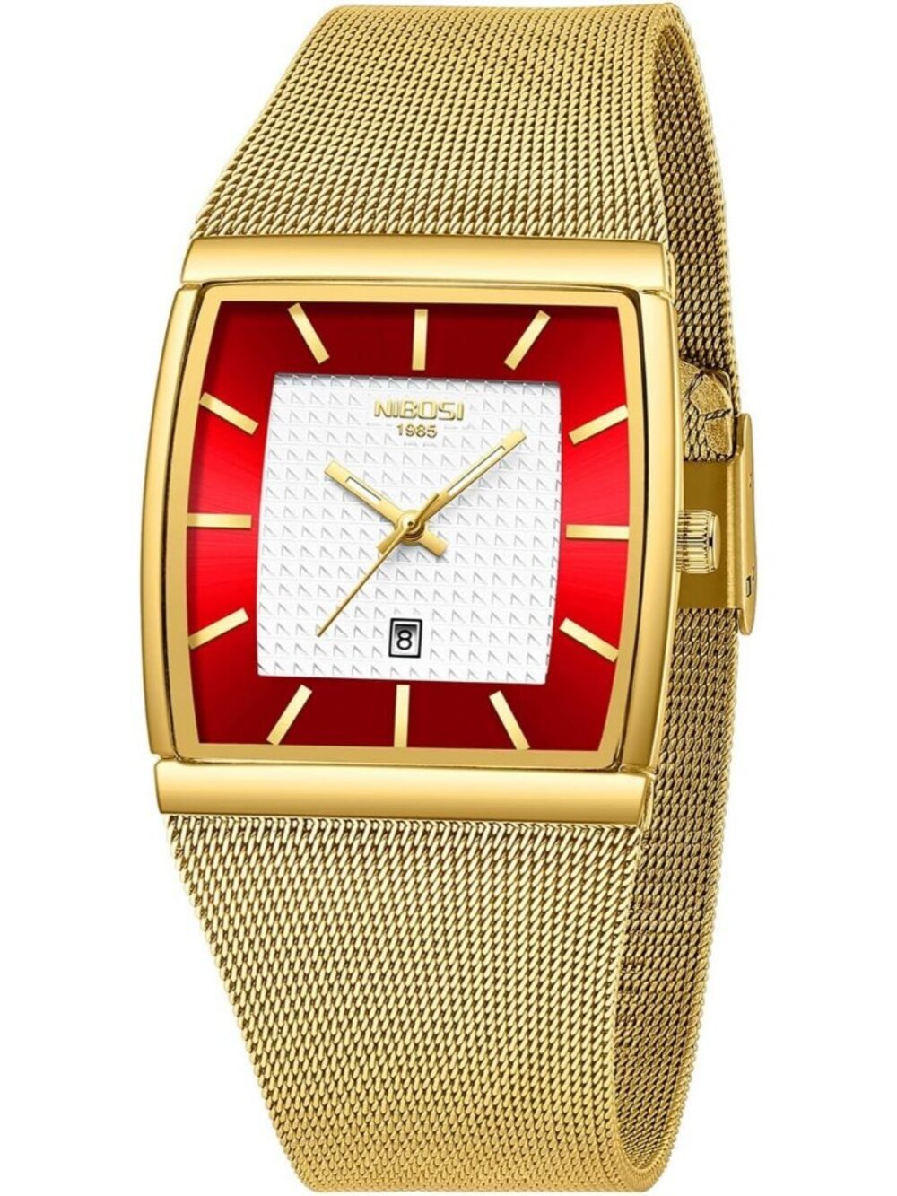 Nibosi Men's Gold Red Square Analog Quartz Stainless Mesh Strap Waterproof Watch